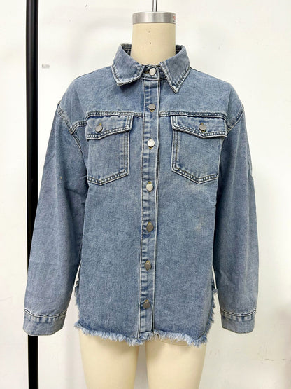 Women's Denim Raw-Hem Relaxed-Fit Slim-Fit Straight-Leg Long-Sleeve Polo Shirt - product detail view 1