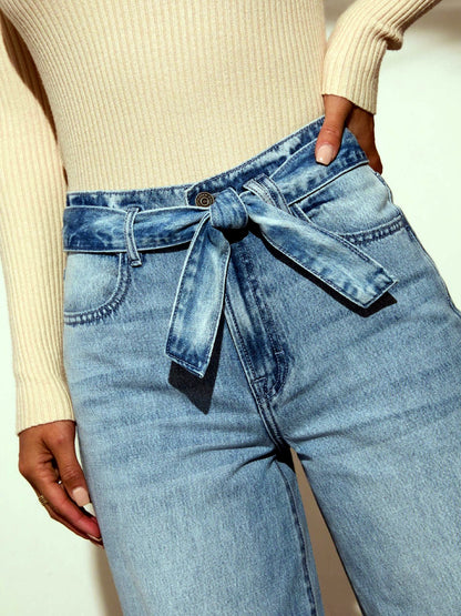 Women's Washed Denim High-Waist Tie-Belt Wide-Leg Jeans - product detail view 2