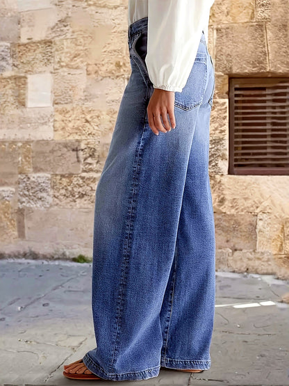 Women's Washed Stretch Denim Mid-Rise Wide-Leg Jeans - product detail view 2