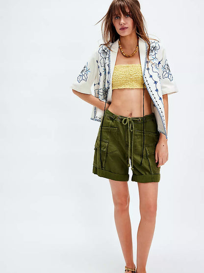 Women's Washed Denim Relaxed-Fit High-Waist Straight-Leg Office Shorts in Army Green - product view