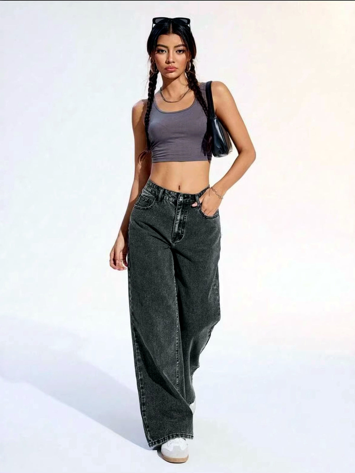 Women's Washed Denim Solid-Color Distressed Mid-Rise Wide-Leg Jeans - product detail view 2