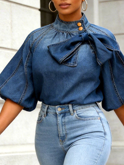 Denim Button-Front Relaxed-Fit Shirt in Dark Blue - product view
