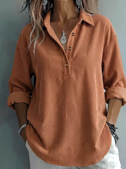 Women's Corduroy Solid-Color Stretch Relaxed-Fit Point-Collar Long-Sleeve Shirt in Brown - product view
