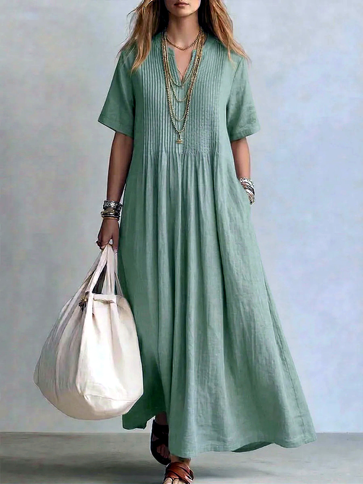 Women's Linen-Blend Solid-Color V-Neck Patchwork Relaxed-Fit Short-Sleeve Dress in Light Green - product view