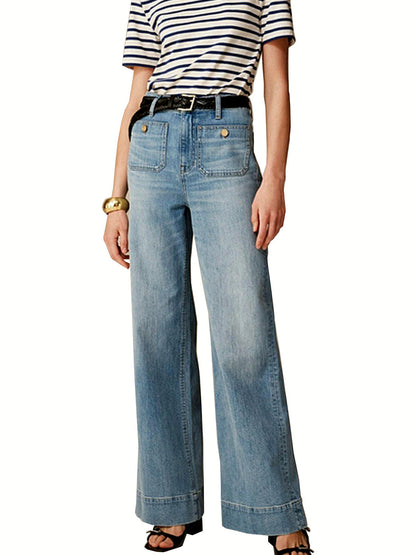 Women's Denim High-Waist Wide-Leg Washed Straight-Leg Flared Relaxed-Fit Jeans in Light Blue - product view