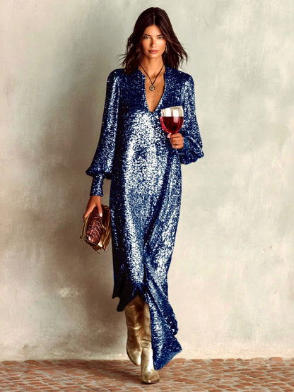 Solid-Color V-Neck Patchwork Pullover Relaxed-Fit Long-Sleeve Dress in Blue - product view