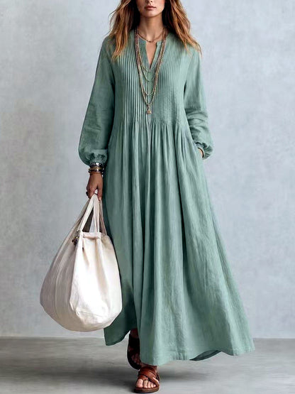 Women's Linen-Blend Solid-Color V-Neck Patchwork Relaxed-Fit Long-Sleeve Dress in Light Green - product view