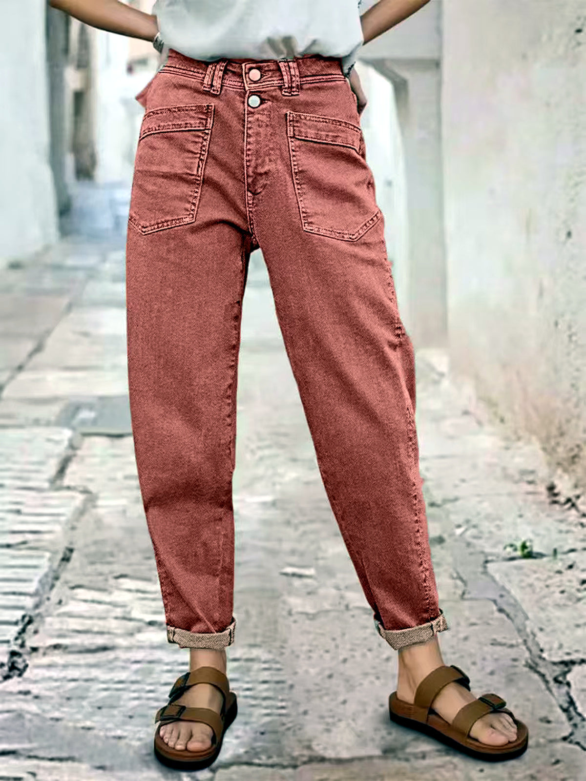 Women's Stretch Denim Mid-Rise Straight-Leg Pocket Jeans in Brick Red - product view