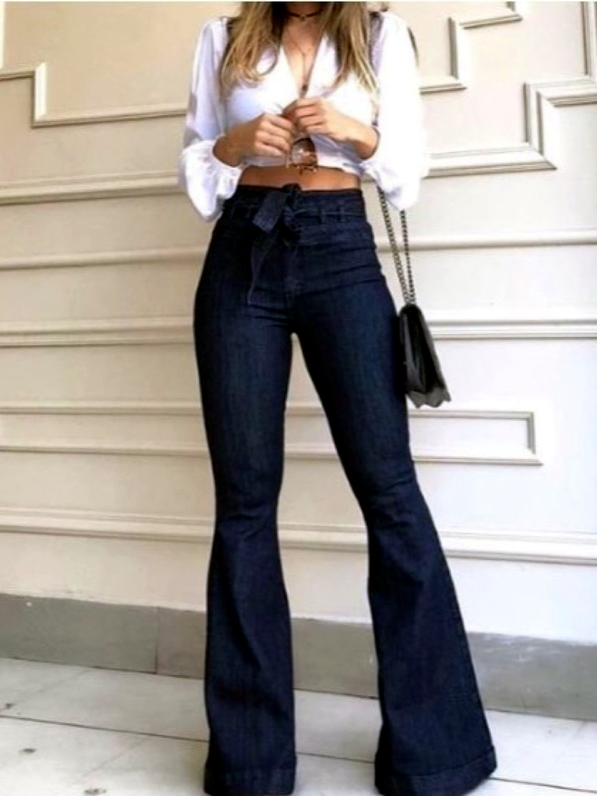 Women's Denim High-Waist Tie-Belt Wide-Leg Jeans in Blue - product view
