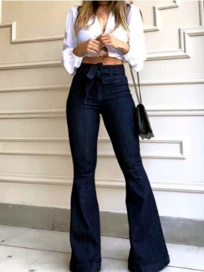 Women's Denim High-Waist Tie-Belt Wide-Leg Jeans in Blue - product view