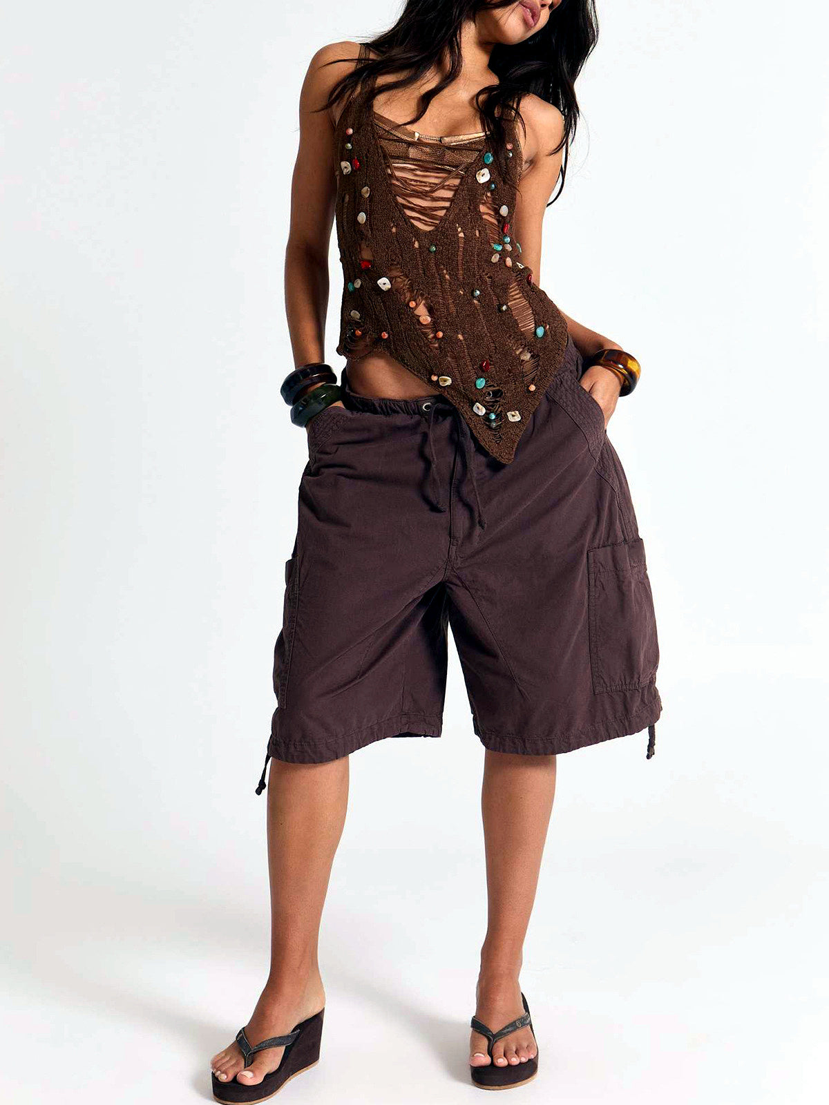 Women's Elastic Waist Drawstring Straight Leg Pants Casual Vacation Denim Mid-Rise Pocket Trousers in Coffee Brown - product