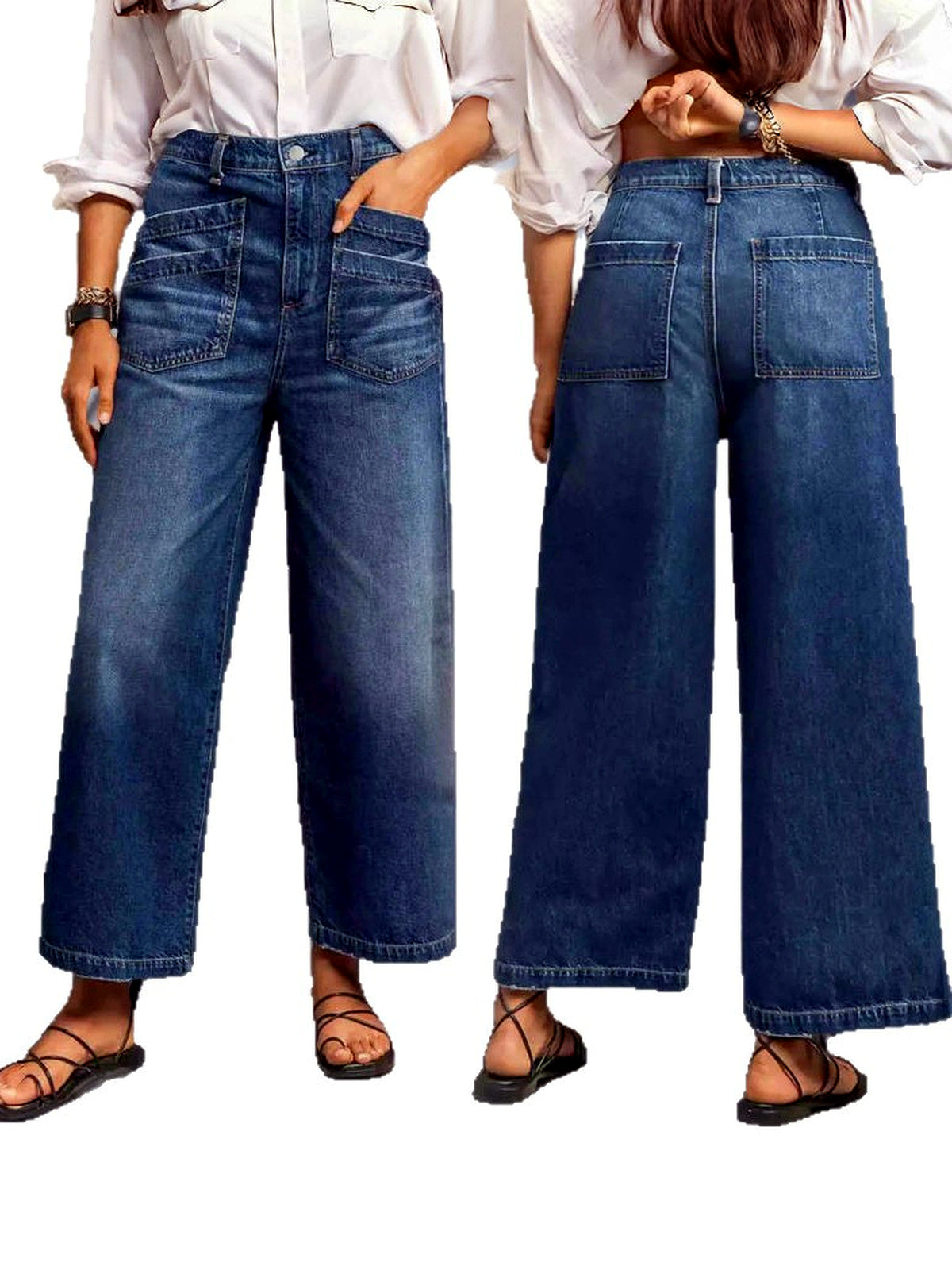 Women's Washed Stretch Denim Mid-Rise Wide-Leg Pocket Jeans - product detail view 2
