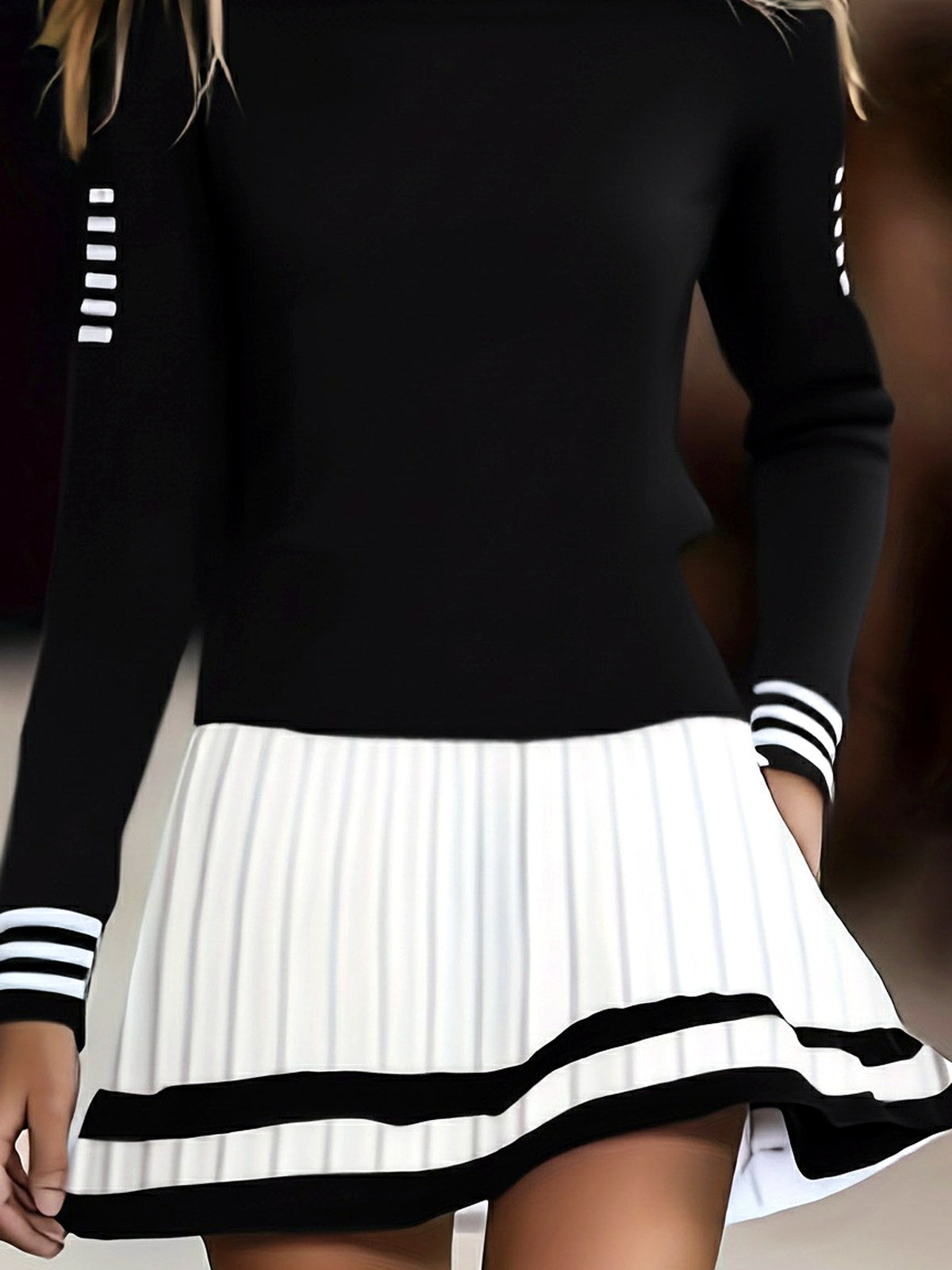 Women's Crew-Neck Knit Striped Solid-Color Long-Sleeve Office Dress in Black - product view