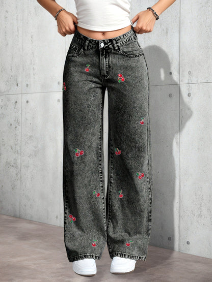 Women's Elastic Waist Drawstring Straight Leg Pants Casual Vacation Vintage-Inspired Denim Washed Wide-Leg Trousers - product