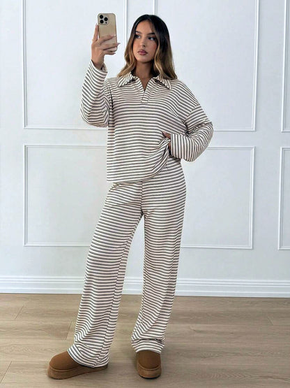 Striped Plaid Printed Point-Collar Long-Sleeve Wide-Leg Top & Pants Set in Apricot - product view