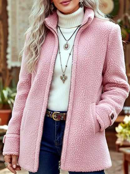 Women's Solid-Color Stand-Collar Patchwork Zip-Front Relaxed-Fit Long-Sleeve Jacket in Pink - product view