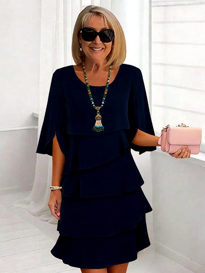 Women's Solid-Color Crew-Neck Patchwork Relaxed-Fit Midi Dress in Blue - product view