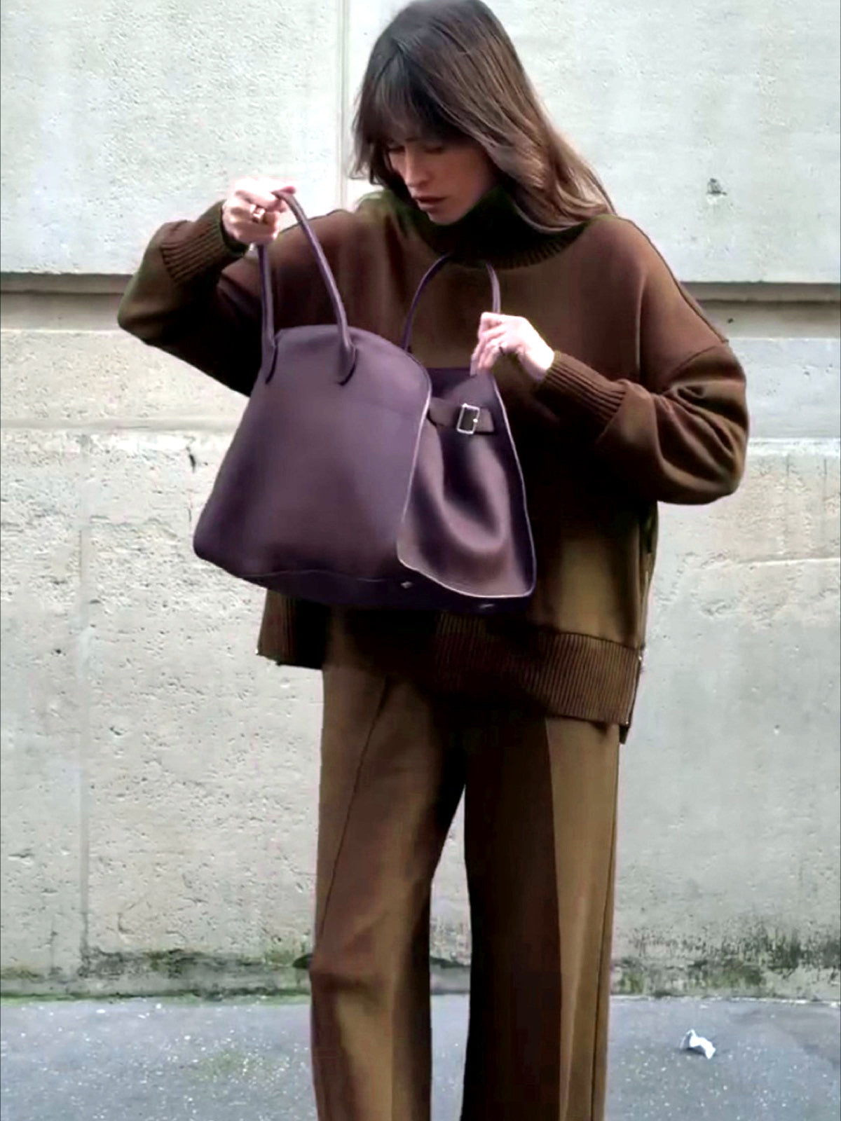 Women's Solid-Color Patchwork Relaxed-Fit Long-Sleeve Top & Pants Set in Coffee Brown - product view