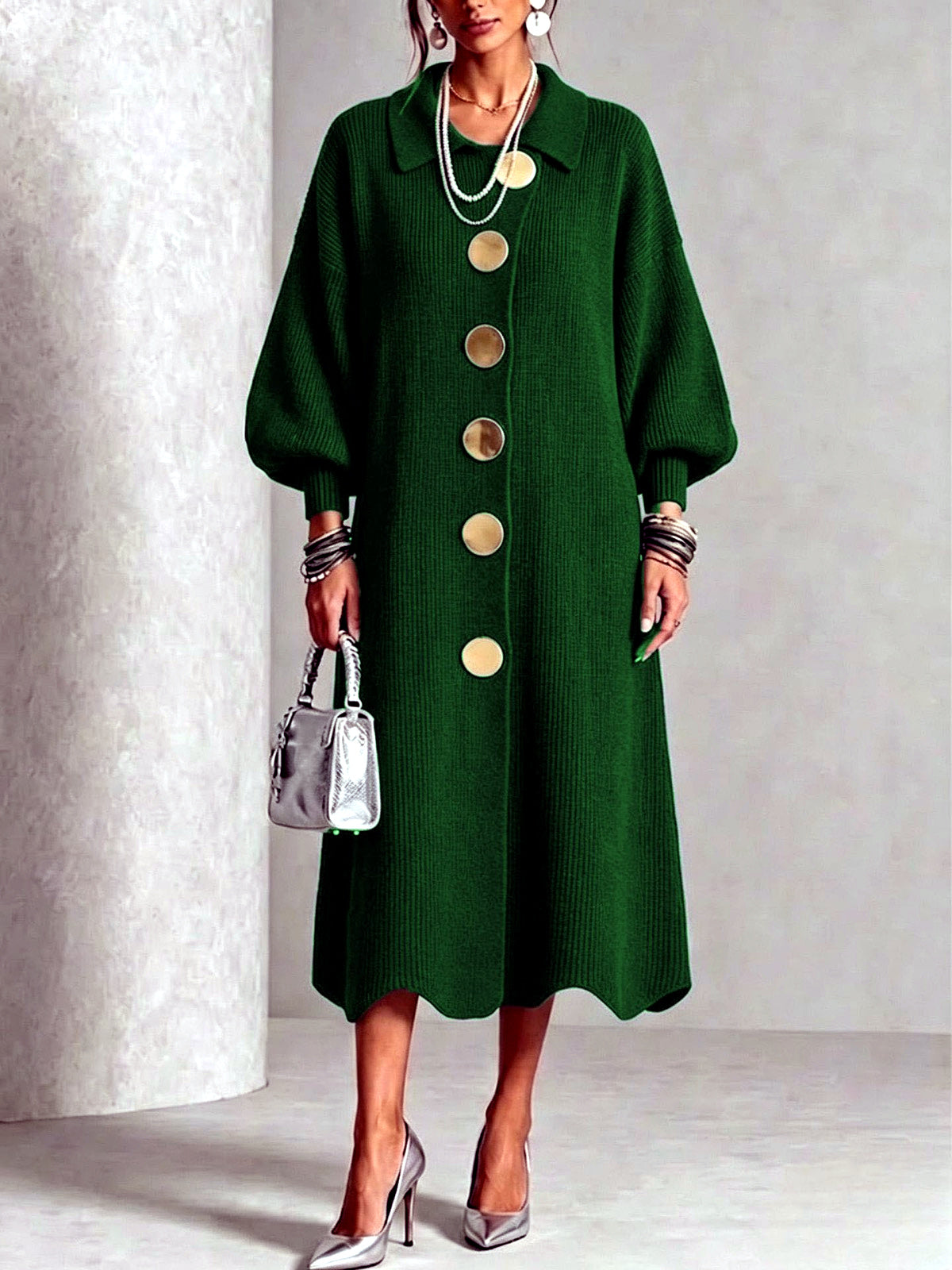 Women's Knit Solid-Color Polo-Collar Statement-Button Patchwork Dress in Green - product view