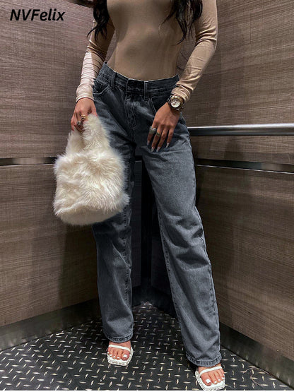 Women's Washed Denim Distressed Slim-Fit High-Waist Straight-Leg Jeans in Gray - product view