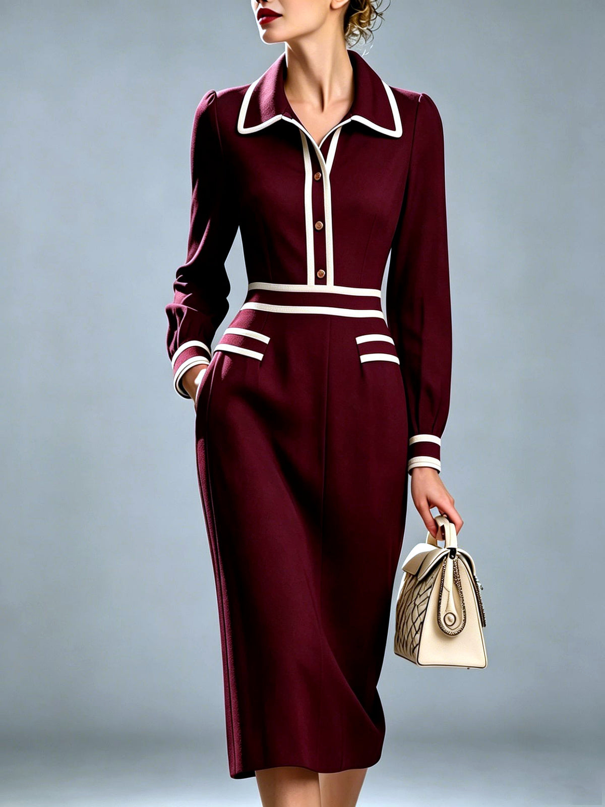 Point-Collar Patchwork Button-Front Slim-Fit Long-Sleeve Midi Dress in Burgundy - product view