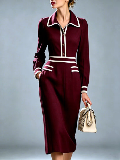 Point-Collar Patchwork Button-Front Slim-Fit Long-Sleeve Midi Dress in Burgundy - product view