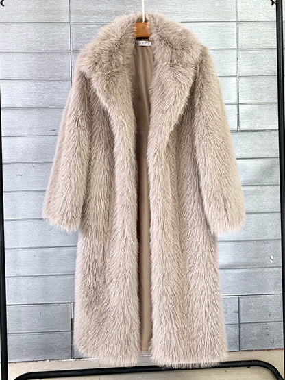 Women's Faux-Fur Notched-Lapel Long-Sleeve Longline Coat in Khaki - product view