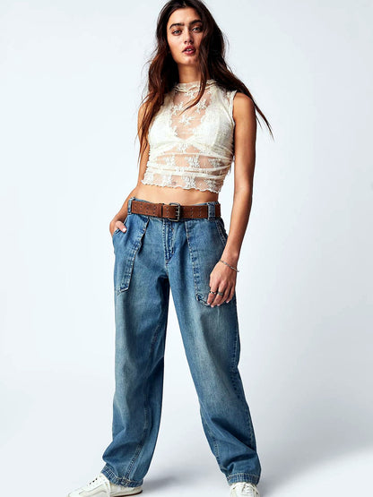 Women's Washed Denim Solid-Color Relaxed-Fit Slim-Fit Mid-Rise Jeans in Light Blue - product view