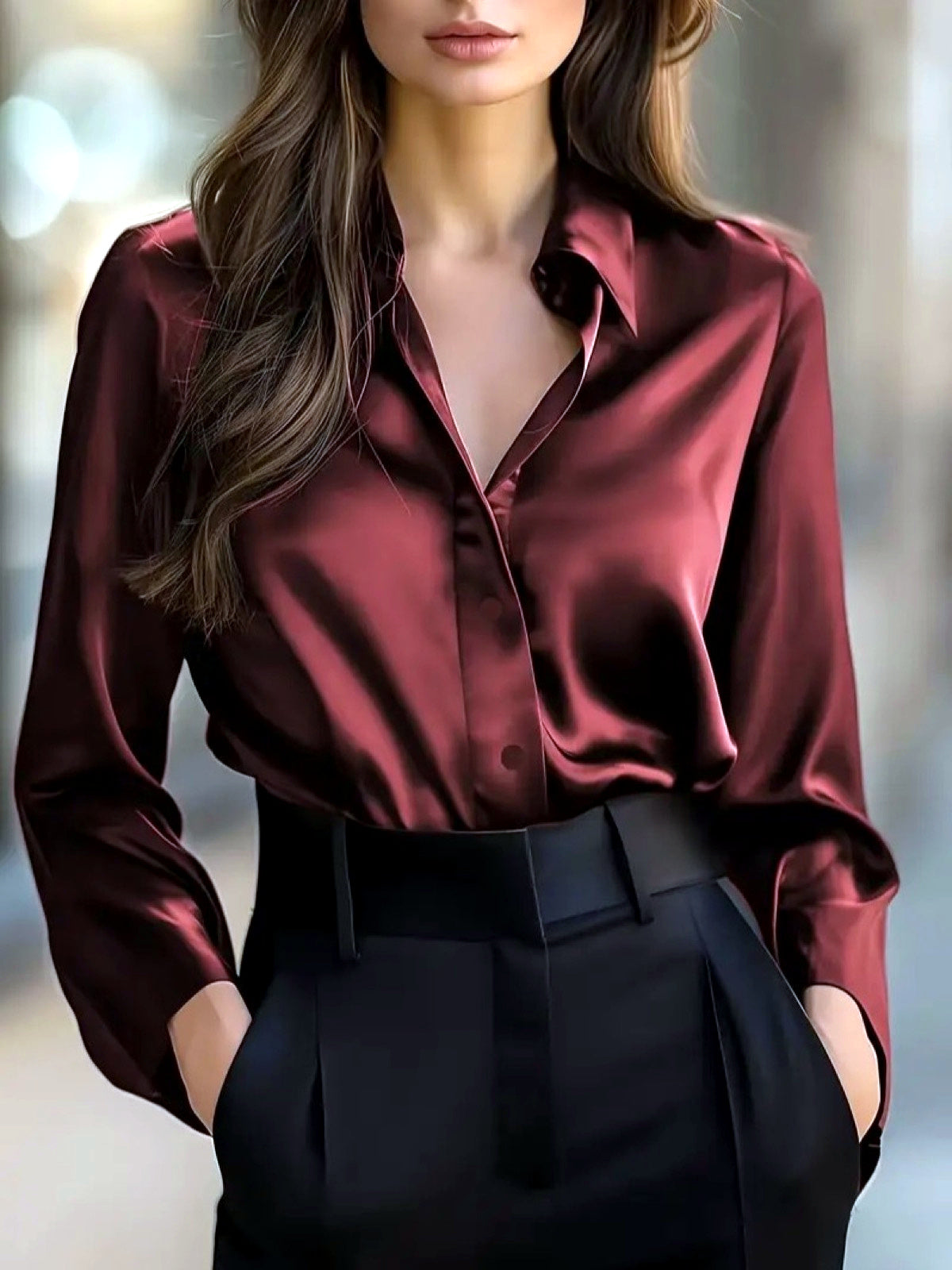 Women's Solid-Color V-Neck Patchwork Button-Front Long-Sleeve Shirt in Burgundy - product view