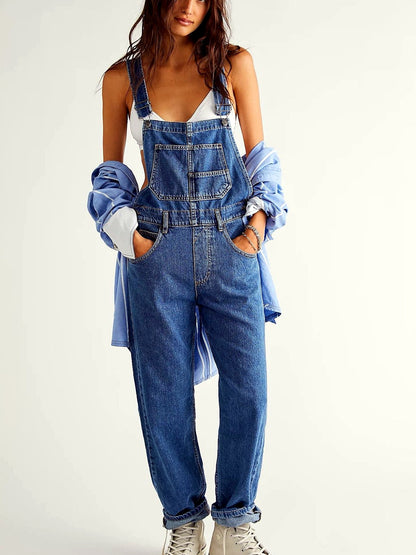 Women's Relaxed-Fit Washed Denim Bib Overalls with Utility Pocket in Dark Blue - product view