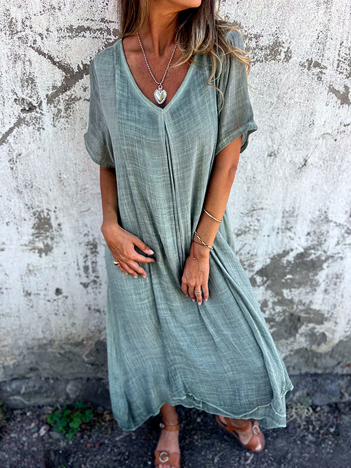 Patchwork Linen-Blend Solid-Color Relaxed-Fit Mid-Rise Short-Sleeve Dress in Peacock Green - product view