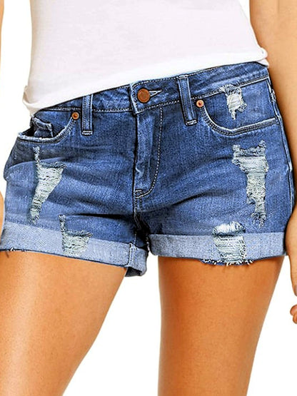 Women's Washed Denim Distressed Stretch Mid-Rise Straight-Leg Shorts in Light Blue - product view