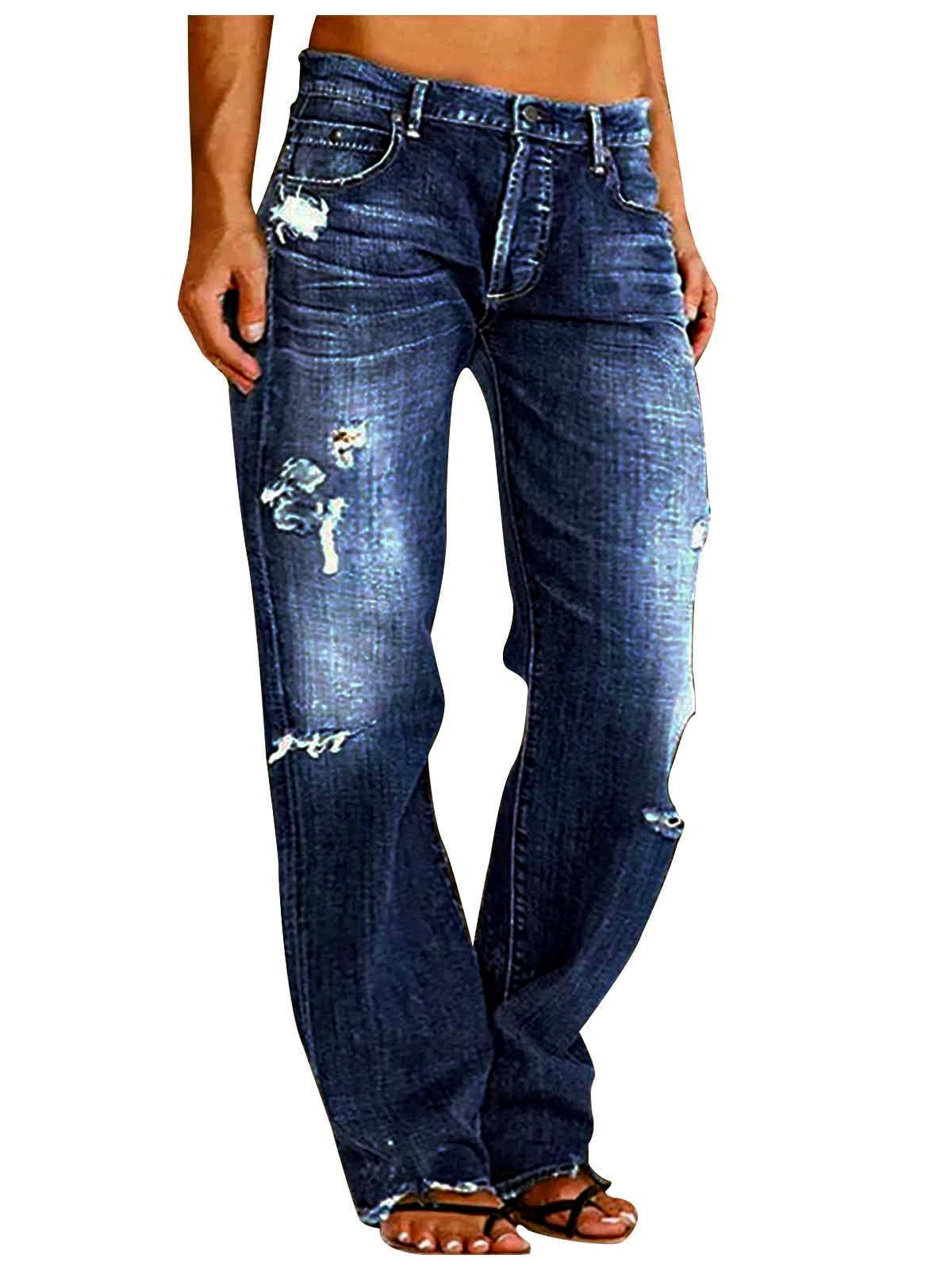 Women's Denim Mid-Rise Straight-Leg Distressed Jeans in Dark Blue - product view