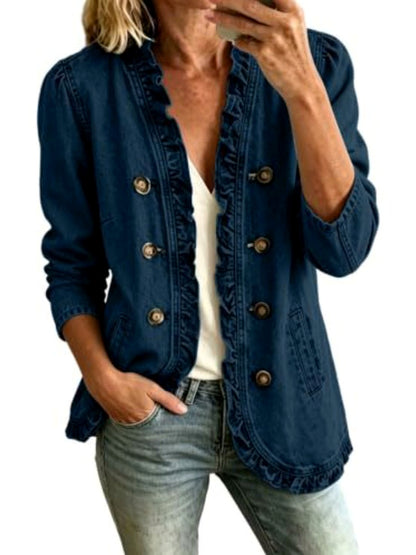 Women's Denim Ruffle-Trim Button-Front Long-Sleeve Washed Jacket in Dark Blue - product view