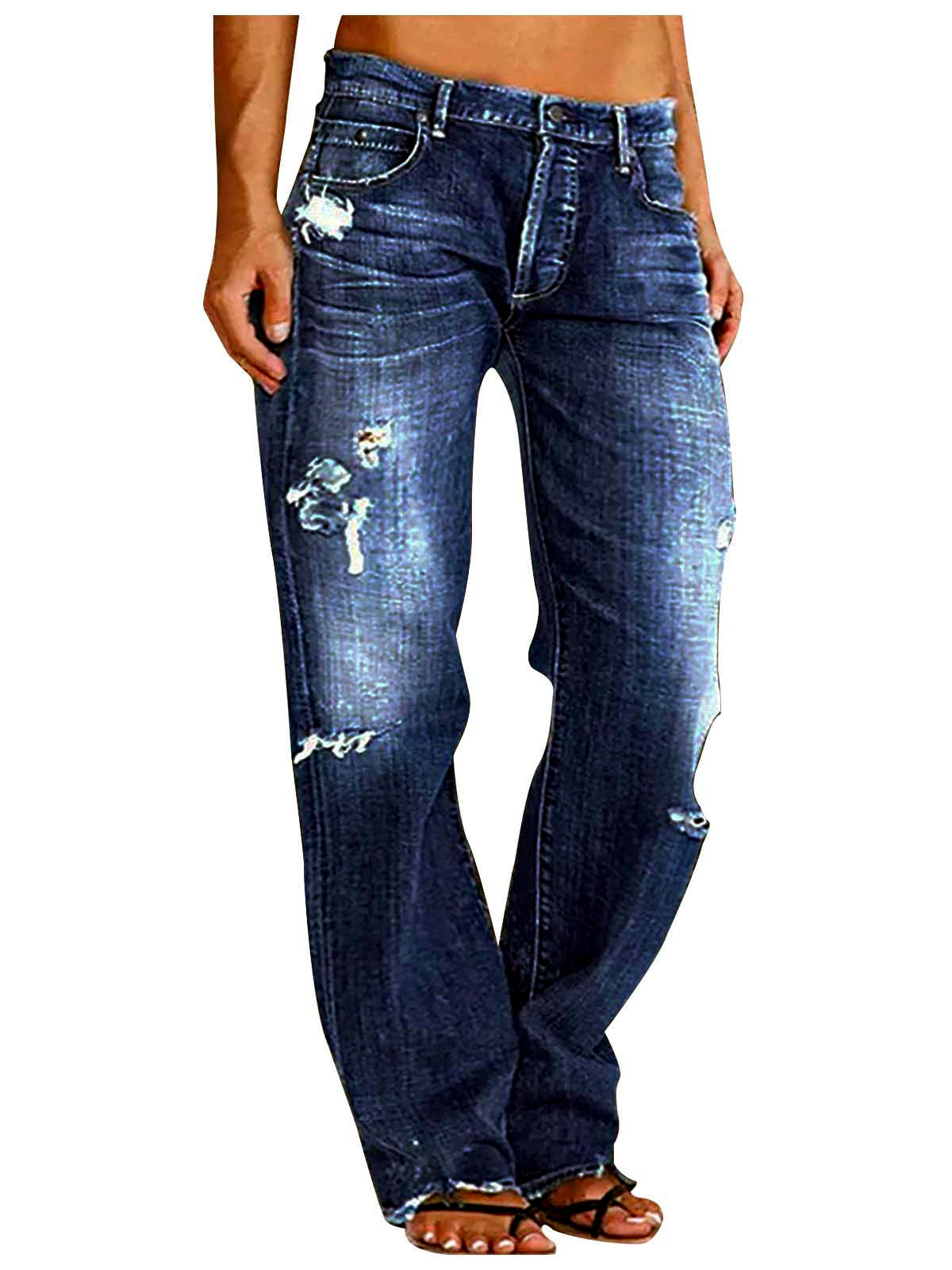 Women's Denim Mid-Rise Straight-Leg Distressed Jeans in Dark Blue - product view