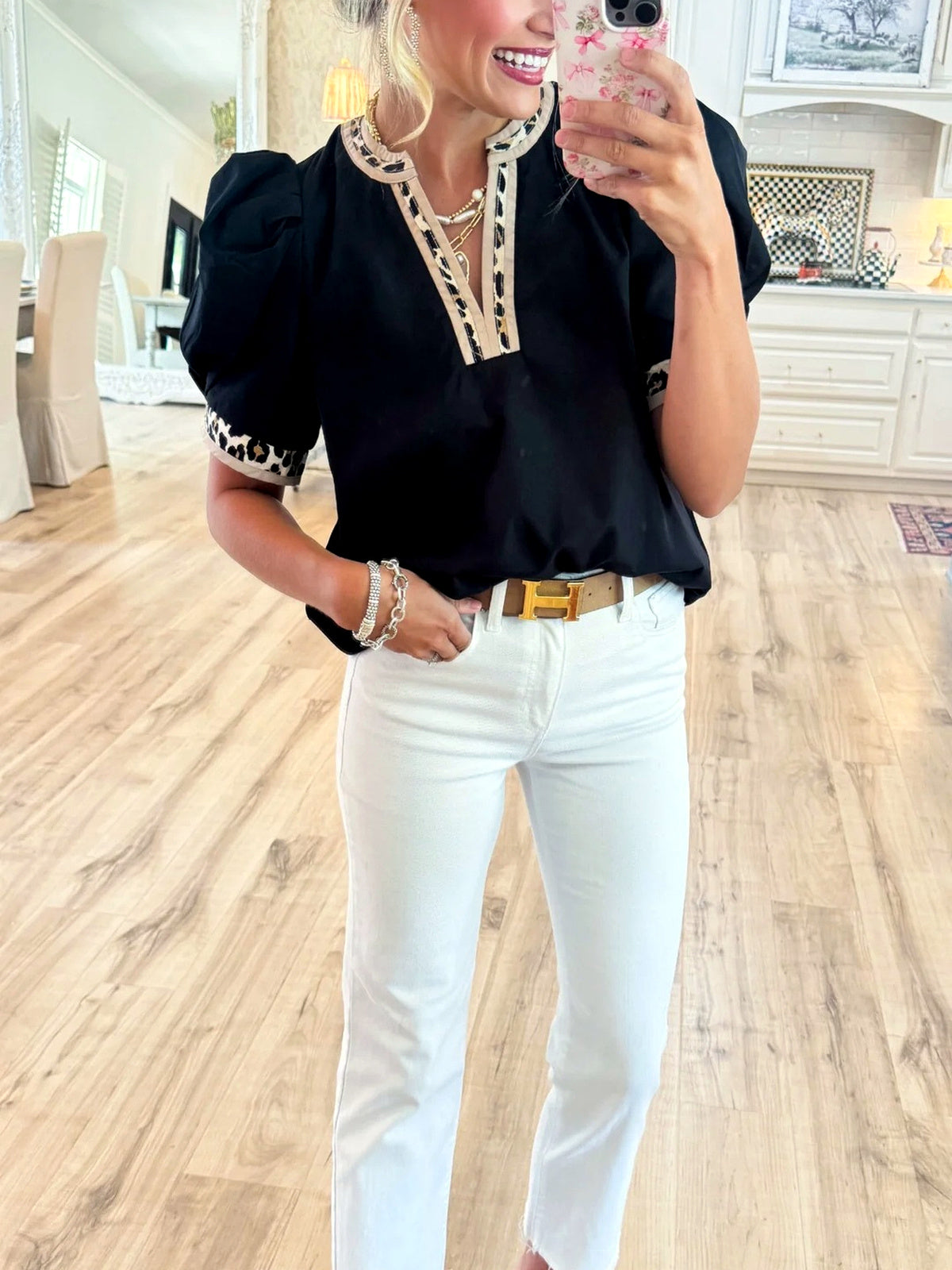 V-Neck Patchwork Short-Sleeve Longline Mid-Length Shirt - product detail view 1