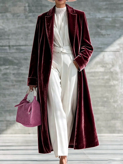Women's Velvet Knit Solid-Color Point-Collar Relaxed-Fit Long-Sleeve Cardigan in Burgundy - product view