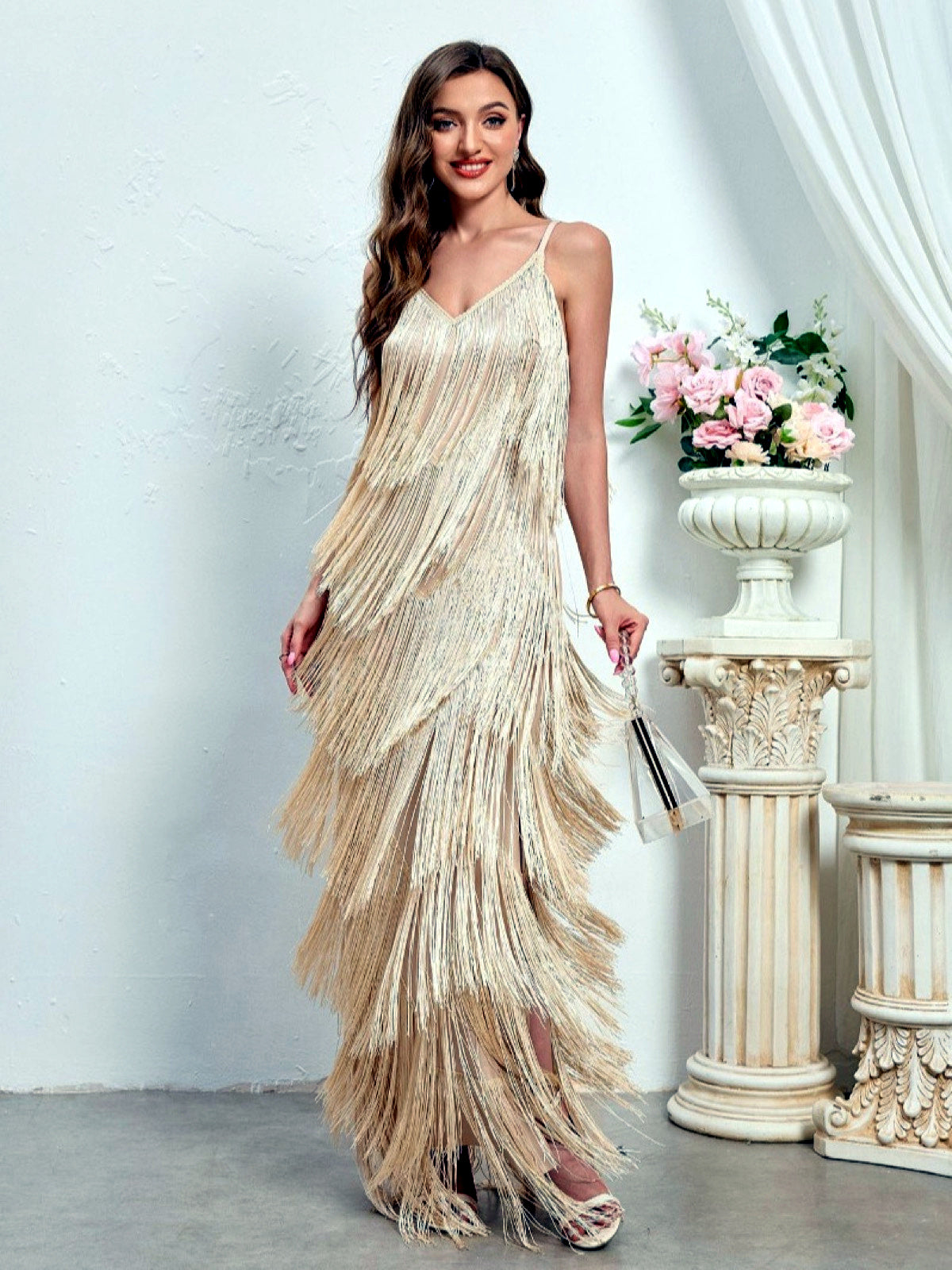 Women's Solid-Color Fringe-Trim Zip-Front Slim-Fit Sleeveless Apparel in Apricot - product view