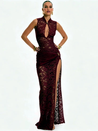 Solid-Color Crew-Neck Lace-Trim Openwork Zip-Front Slim-Fit Slit Dress in Burgundy - product view