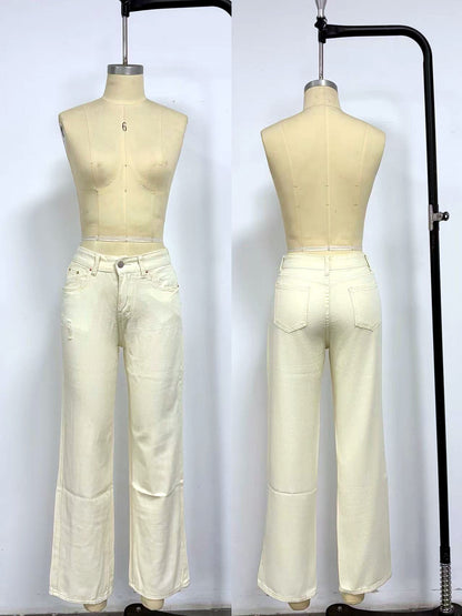 Women's Washed Denim Distressed Slim-Fit High-Waist Straight-Leg Vintage-Inspired Jeans - product detail view 1