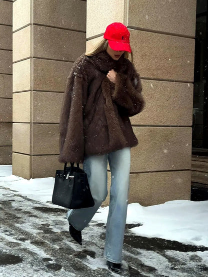 Point-Collar Long-Sleeve Mid-Length Jacket in Brown - product view