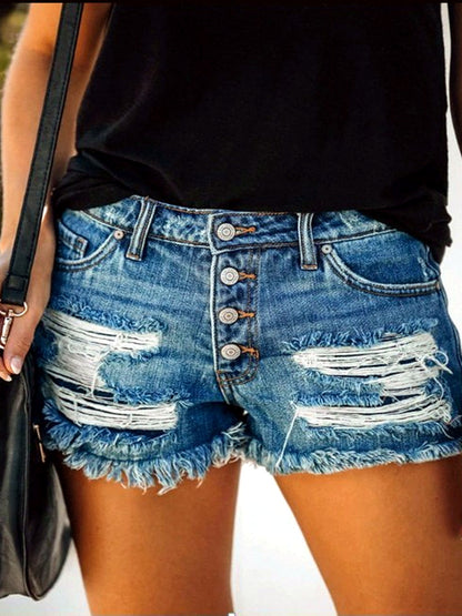 Women's Washed Denim Distressed Relaxed-Fit Mid-Rise Straight-Leg Shorts in Dark Blue - product view