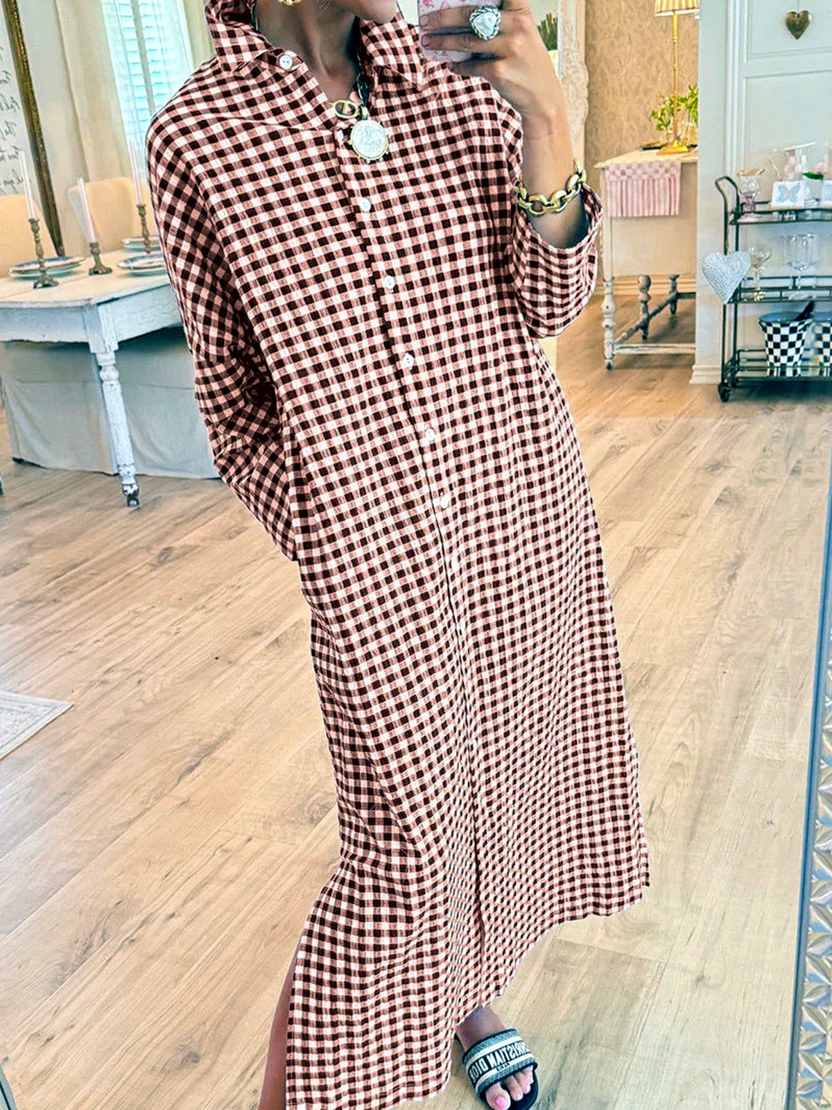 Women's Plaid Patchwork Relaxed-Fit Long-Sleeve Longline Slit Dress in Orange - product view