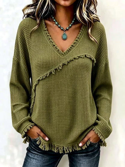 Women's Solid-Color V-Neck Fringe-Trim Relaxed-Fit Long-Sleeve Shirt in Army Green - product view