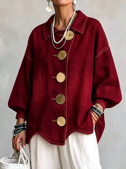 Women's Denim Point-Collar Button-Front Washed Jacket in Burgundy - product view
