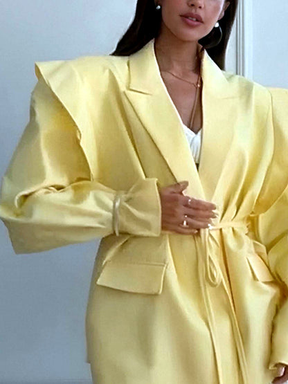 Women's Printed Solid-Color Slim-Fit Belted Long-Sleeve Office Blazer in 29782-Yellow - product view