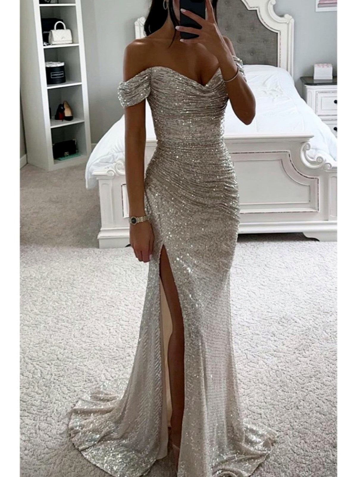 Women's Solid-Color Off-Shoulder Patchwork Zip-Front Pullover Dress in Silver - product view
