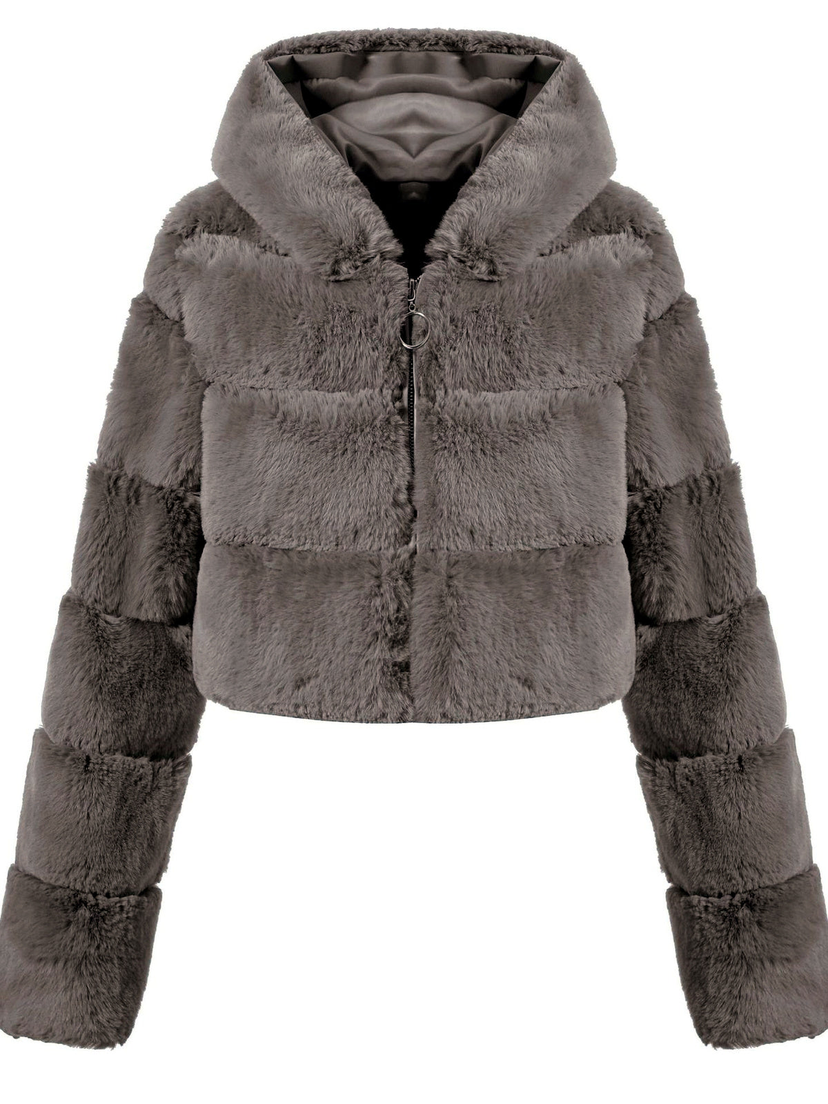 Faux-Fur Zip-Front Long-Sleeve Coat in Khaki - product view