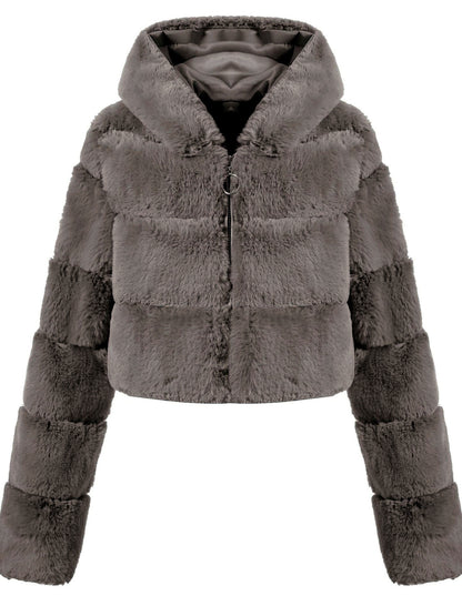 Faux-Fur Zip-Front Long-Sleeve Coat in Khaki - product view