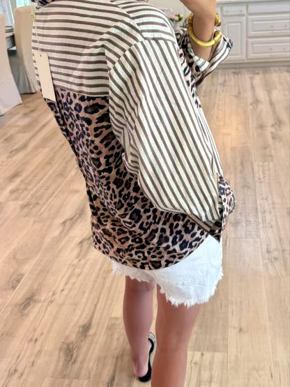 Women's Striped Patchwork Relaxed-Fit Long-Sleeve Single-Breasted Cardigan - product detail view 1